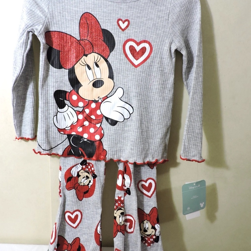 Disney Minnie Mouse Gray and Red Heart Pajama Set size 24 months NEW